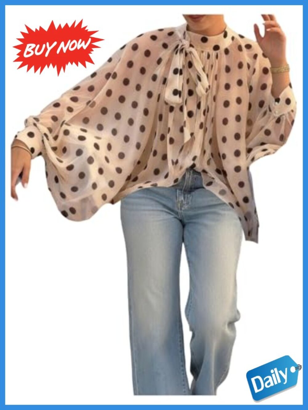 Polka Dots Bishop Sleeve Mesh Blouse Tie Neck Elegant Top